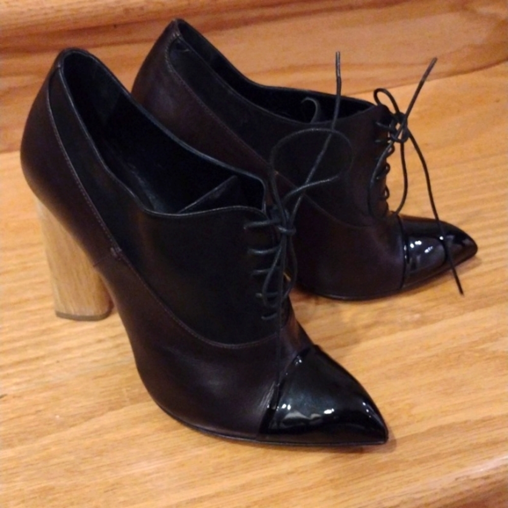 YSL Patent Leather Chunky Heel Lace Up Ankle Boot